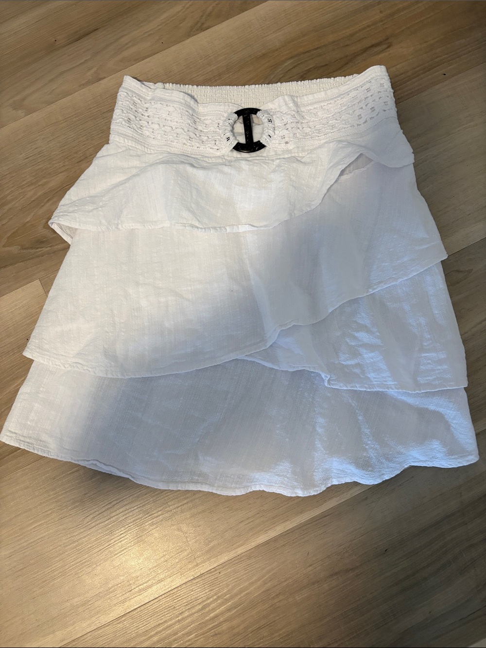 White Tiered Mini Skirt with Smocked Waist and Buckle Accent
